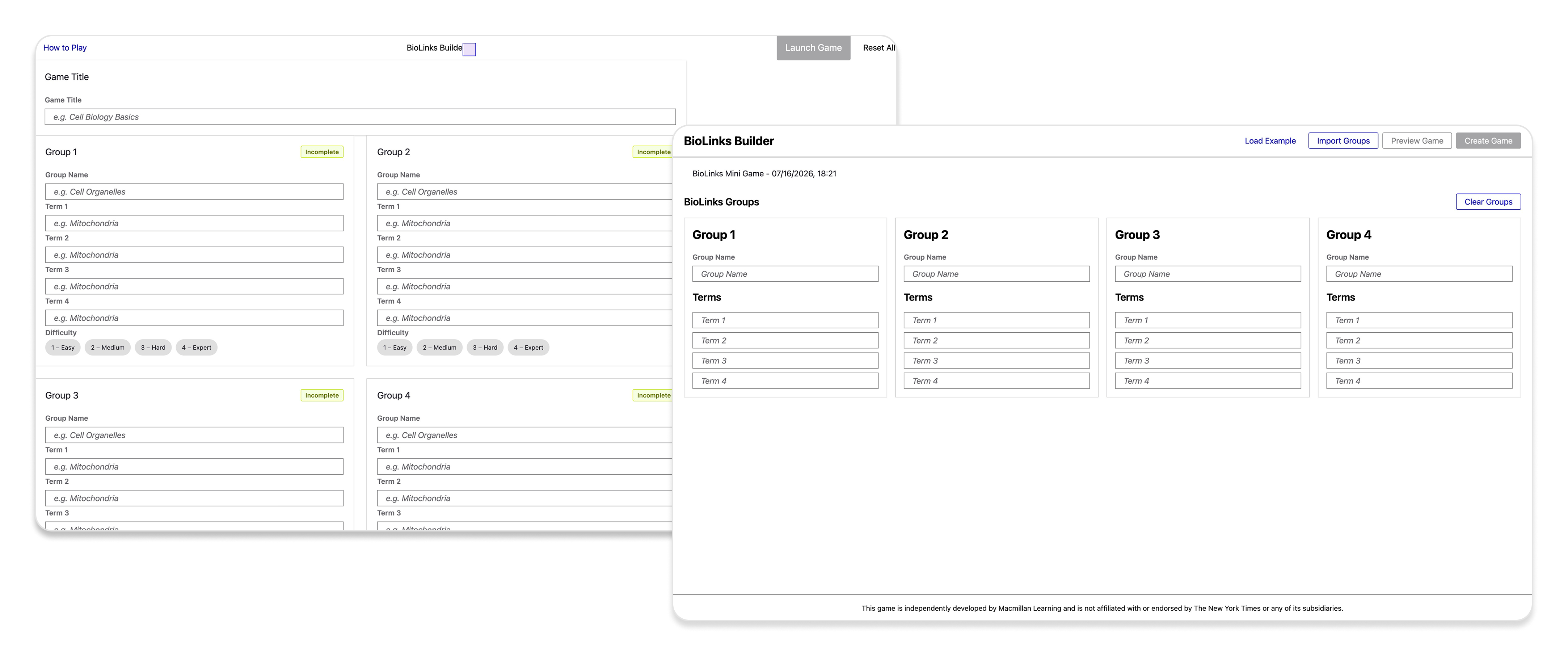 Baseline and prescriptive prompt test output for BioLinks, compared against the Figma target
